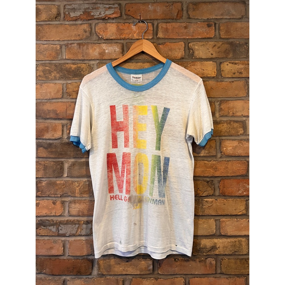 Vintage Stedman Hey Mon Grand Cayman BWI Ringer T Shirt White Blue 80s Medium